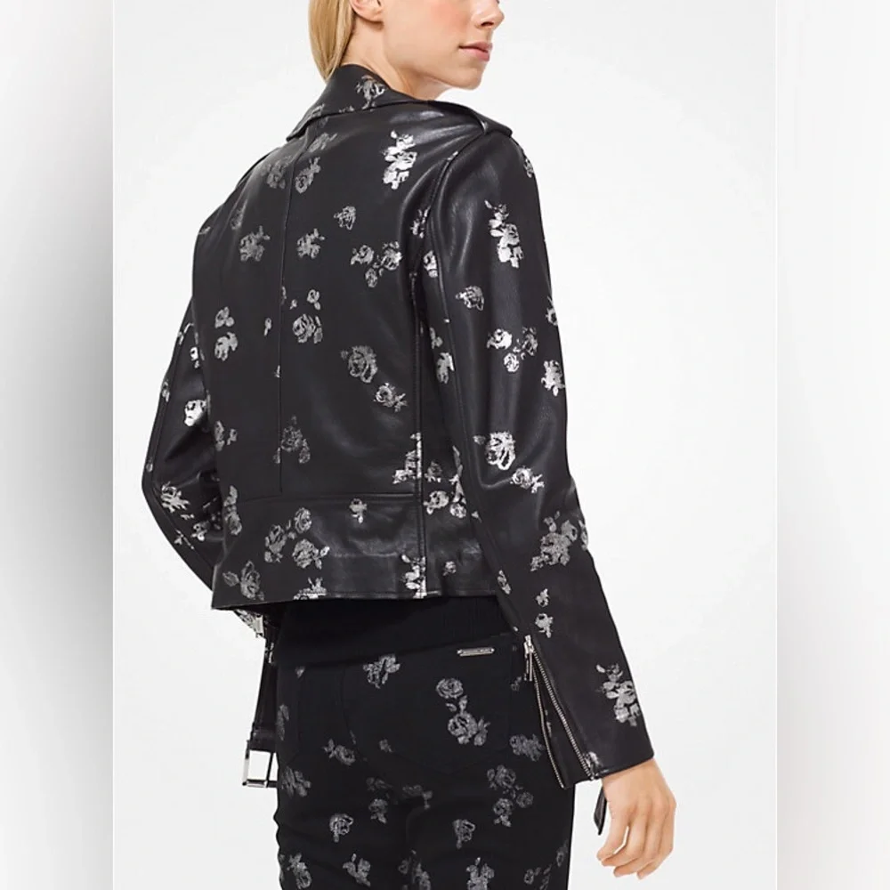 NWT🌟MICHAEL KORS🌟Metallic Rose Print Lamb Leather Moto Jacket Black Sz. Med